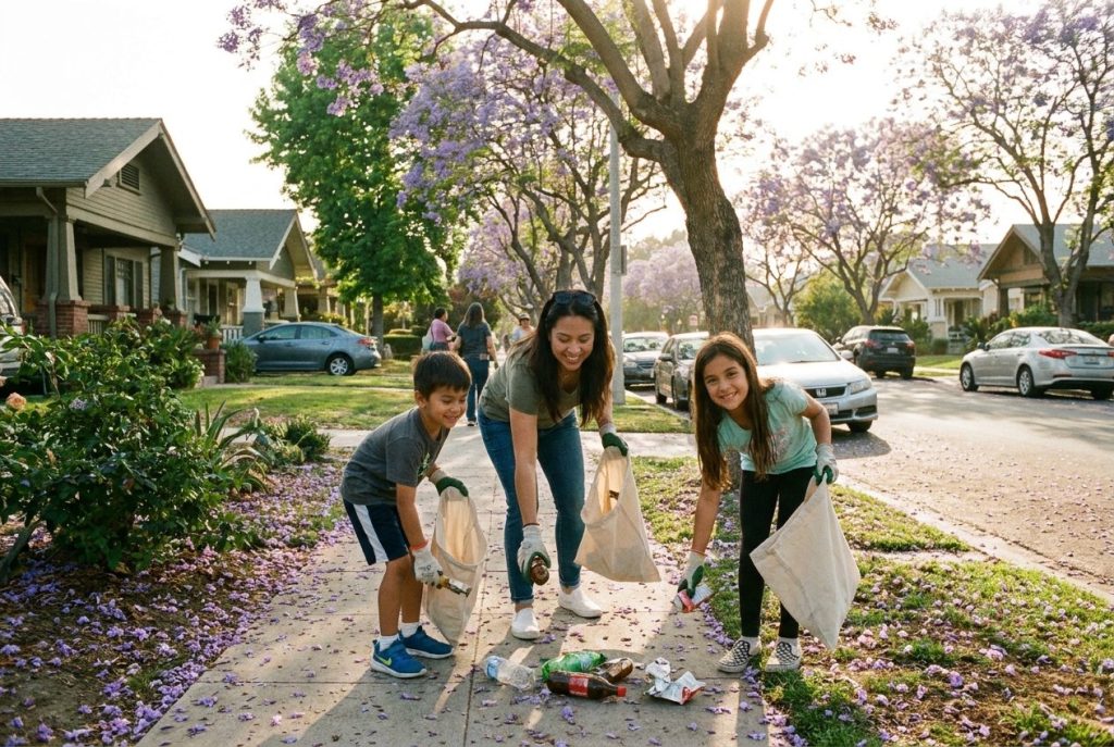 A parent and two children picking up litter on a sunny LA street under jacaranda trees