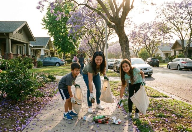 A parent and two children picking up litter on a sunny LA street under jacaranda trees