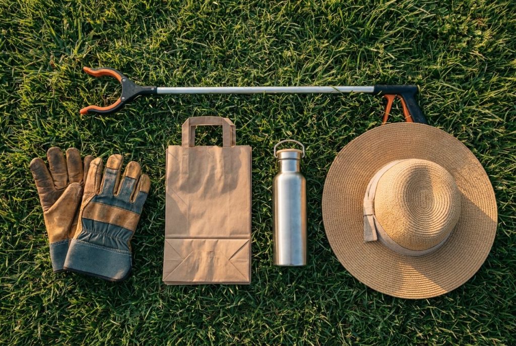 Work gloves, trash grabber, bags, water bottle and sun hat arranged on grass