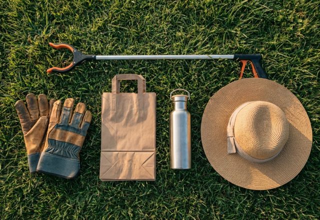 Work gloves, trash grabber, bags, water bottle and sun hat arranged on grass