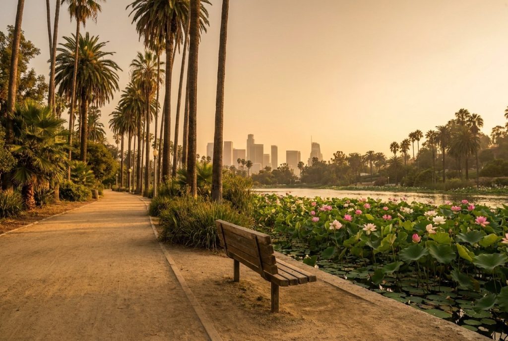 The same Echo Park lakeside path spotless after the cleanup
