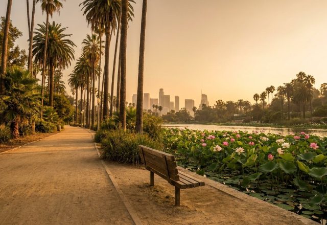 The same Echo Park lakeside path spotless after the cleanup