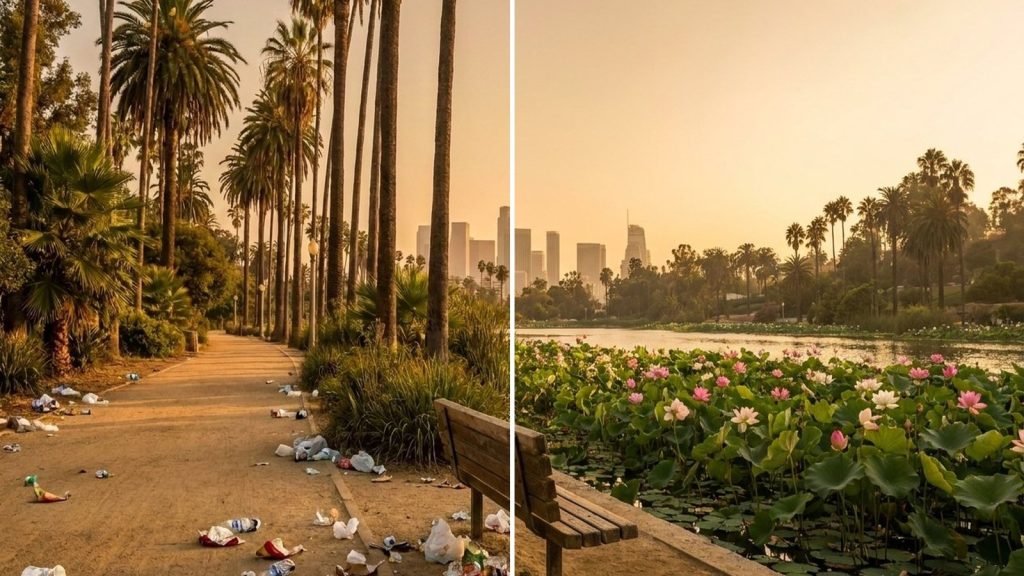 A park path before and after a volunteer cleanup