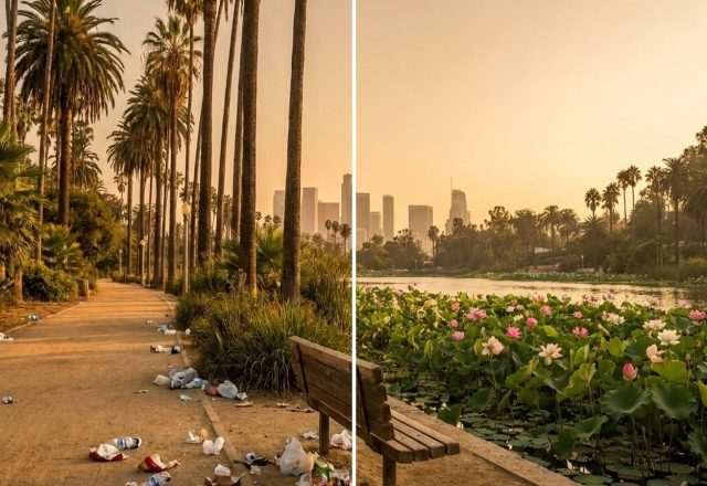 A park path before and after a volunteer cleanup