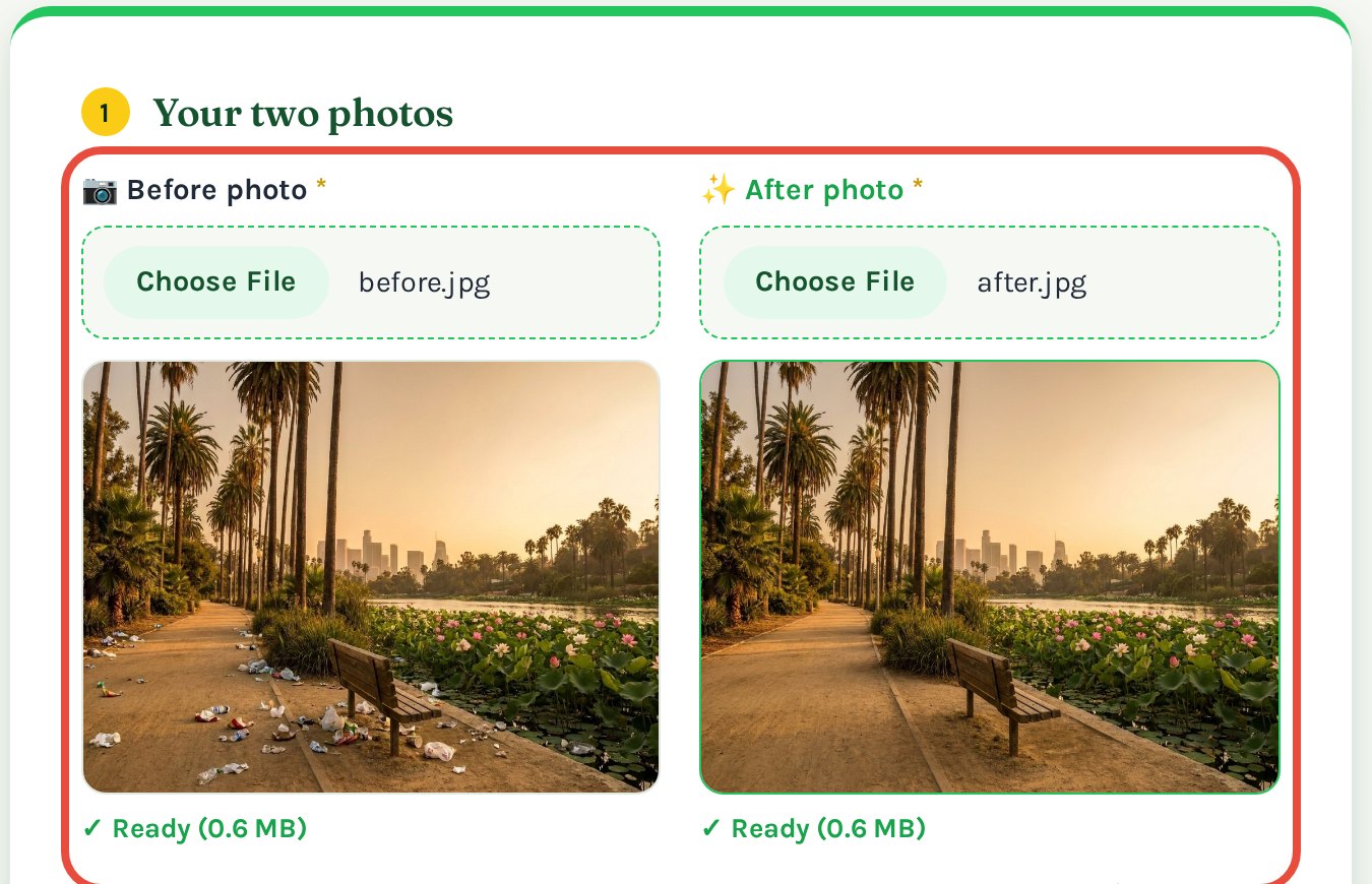 Before and after photos added to the form, each marked Ready