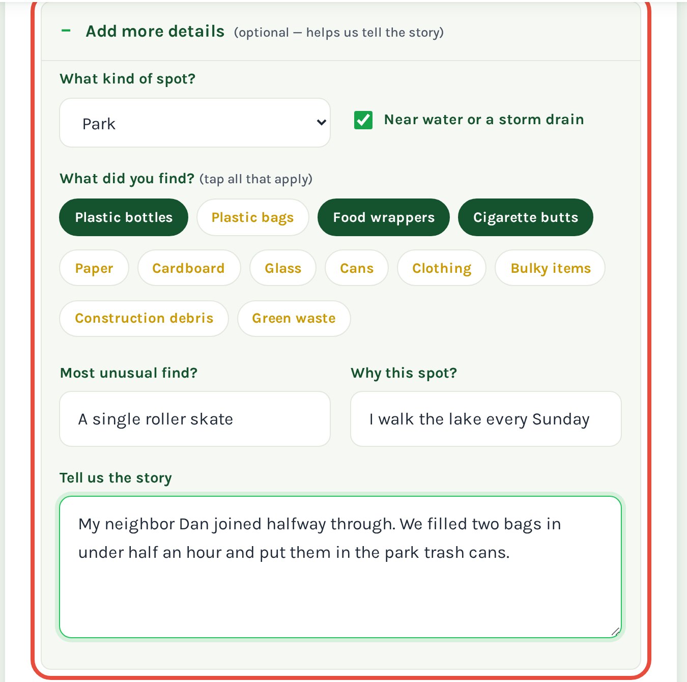The optional Add more details section, opened