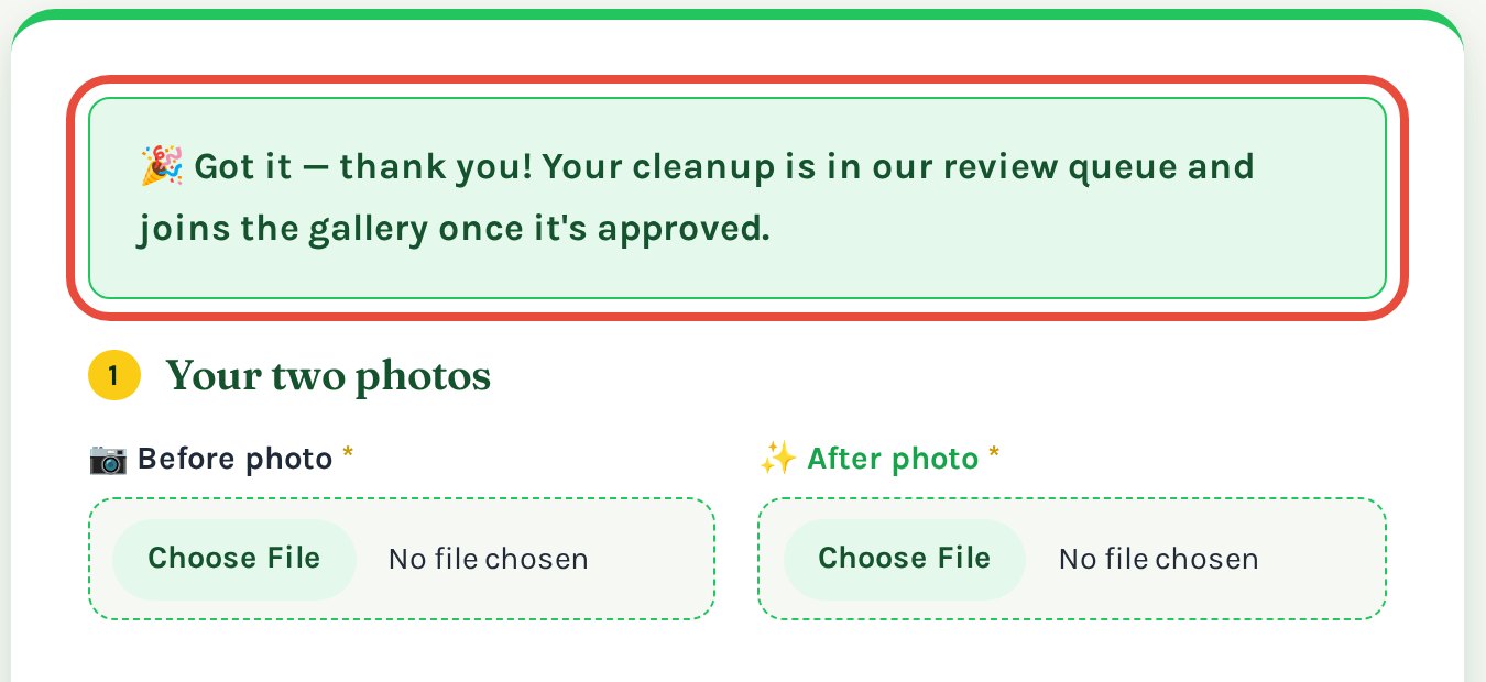 The green message confirming the cleanup was received