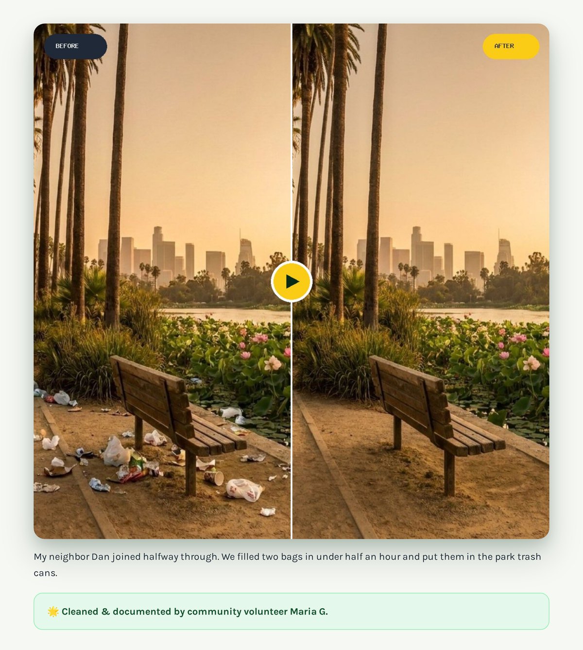 A published cleanup page showing before and after photos and the volunteer credit